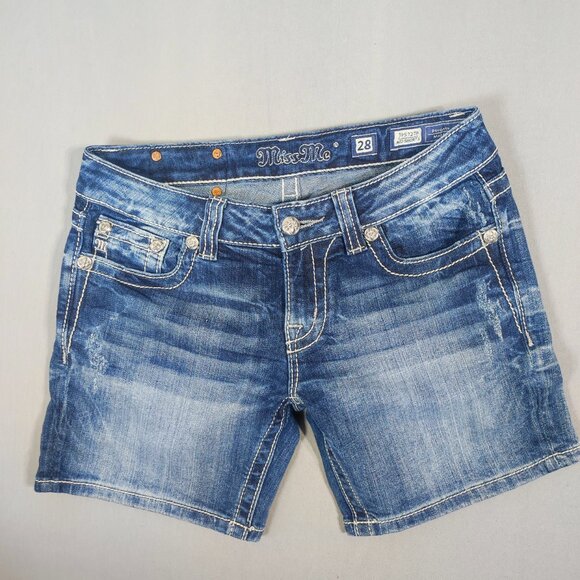 Miss Me jean mid shorts women's sz 28 hard washed denim blue embroidered pockets - Picture 1 of 13